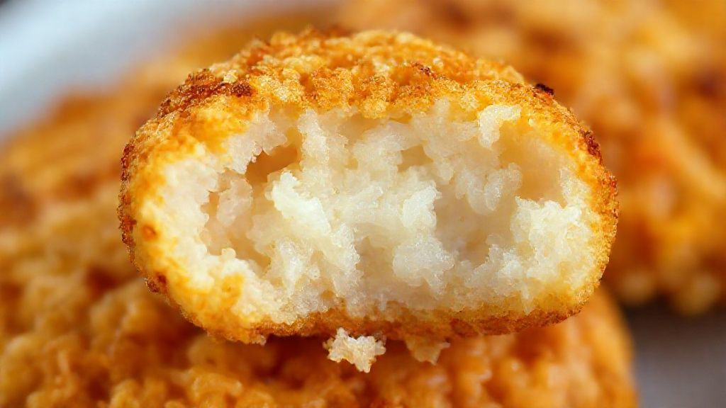 Close-up de um bolinho aberto mostrando o interior macio e o exterior crocante