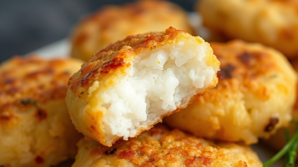 Close-up mostrando textura crocante e interior macio do bolinho partido ao meio