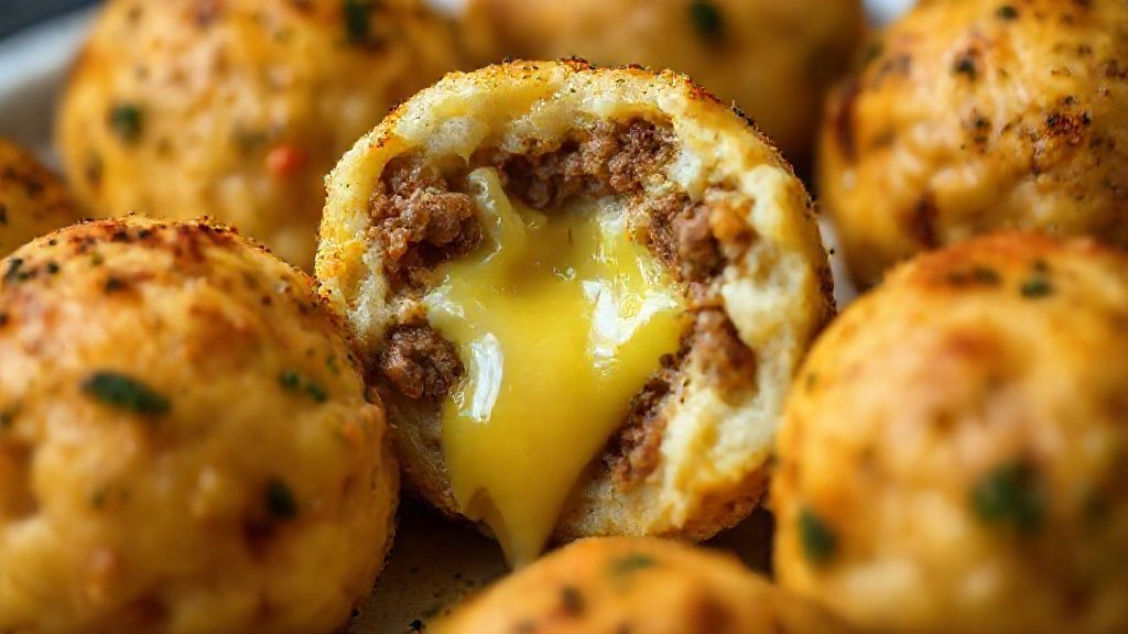 Close-up mostrando o recheio cremoso e o topo gratinado do bolinho cortado ao meio