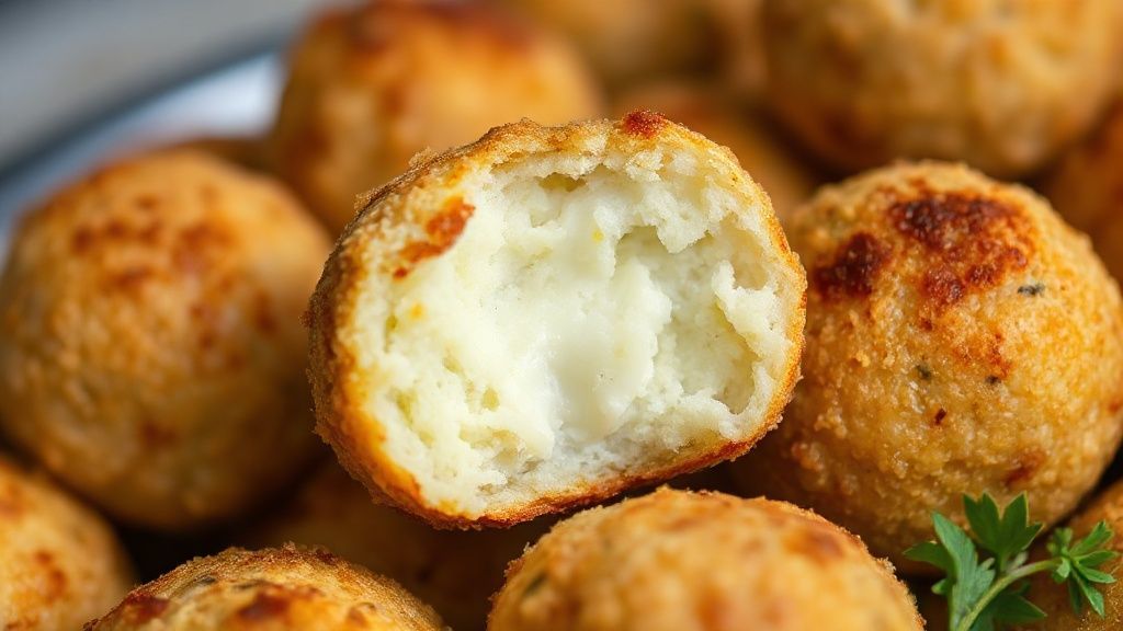 Close-up mostrando a textura crocante por fora e o interior cremoso do bolinho de batata recém-assado