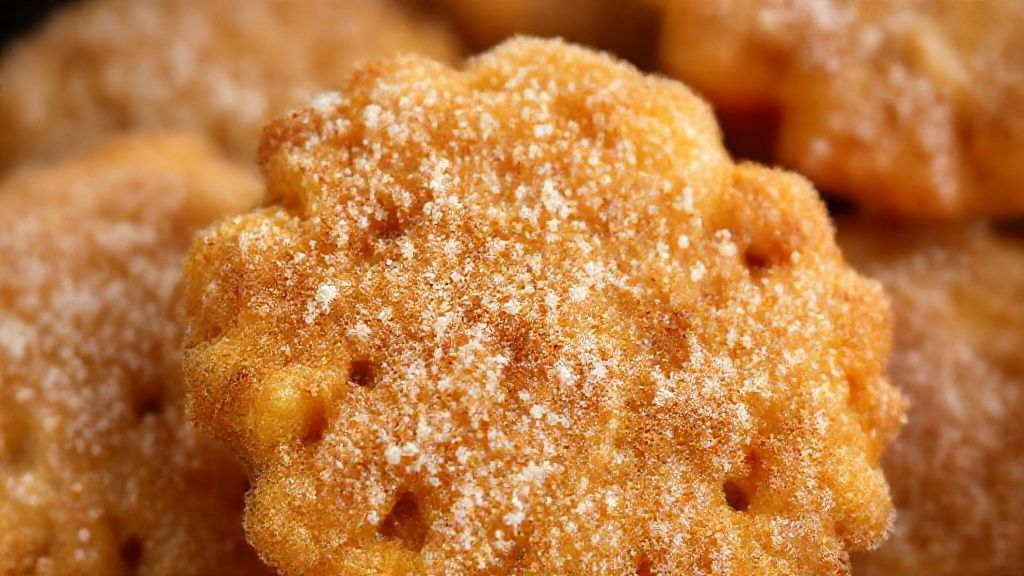 Close-up dos bolinhos de chuva prontos, destacando a textura crocante e o açúcar com canela