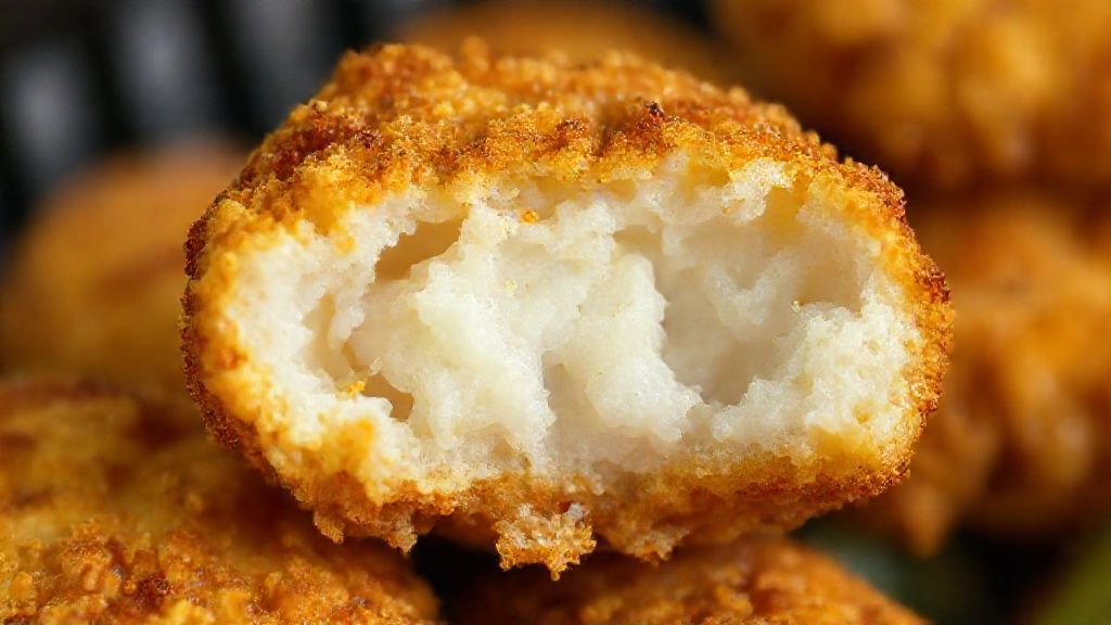 Close-up mostrando a textura crocante e o interior macio do bolinho