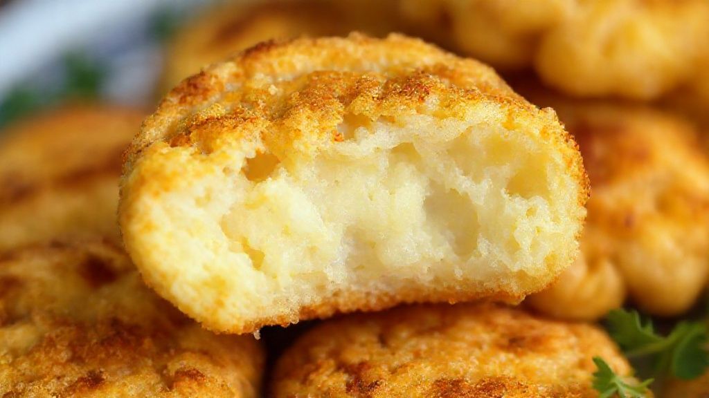 Close-up mostrando a textura crocante do bolinho e o interior macio de mandioca