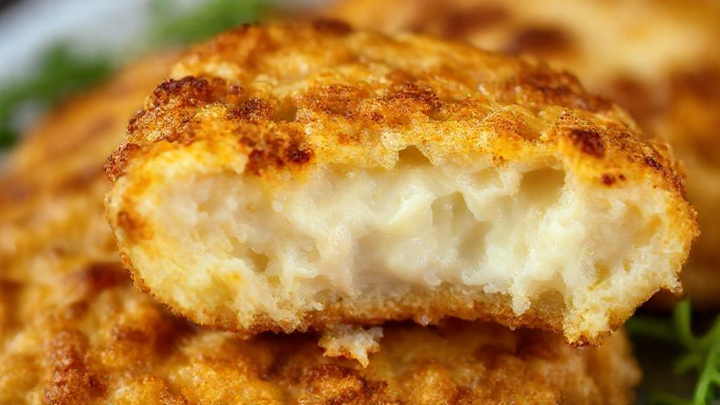 Close-up de um bolinho de repolho partido ao meio, mostrando o interior cremoso e a casquinha dourada.