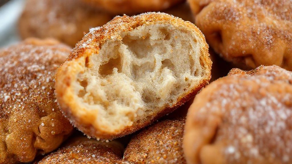Close-up de um bolinho aberto mostrando o interior fofinho e a casquinha dourada coberta com açúcar e canela.