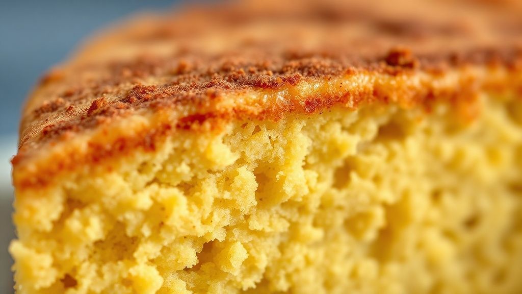 Close-up da fatia do bolo destacando a textura úmida e dourada com canela polvilhada