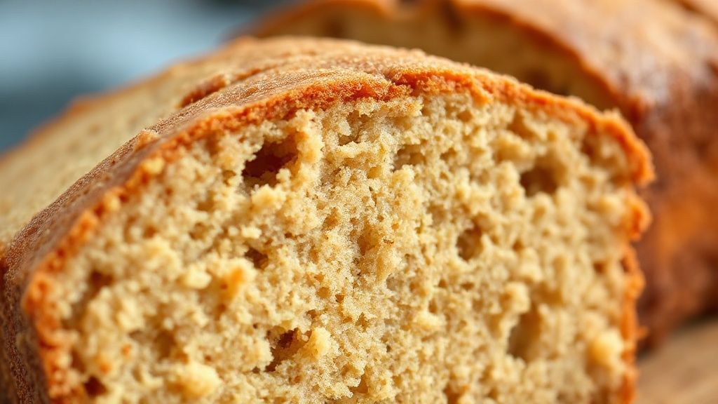 Close-up do bolo pronto, mostrando miolo fofo e textura equilibrada após adição de farinha.