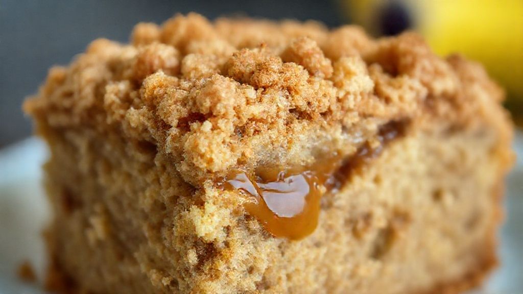 Close-up do bolo cuca de banana mostrando o contraste entre a farofa crocante e o recheio cremoso.