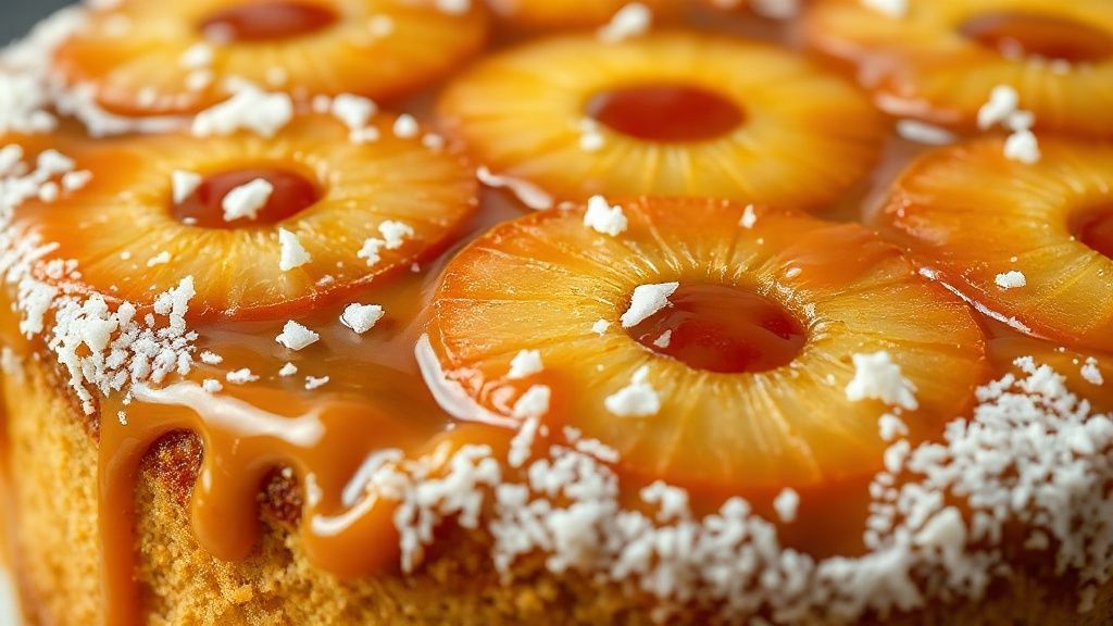 Close-up do bolo finalizado, mostrando o brilho do caramelo e a textura do abacaxi e do coco