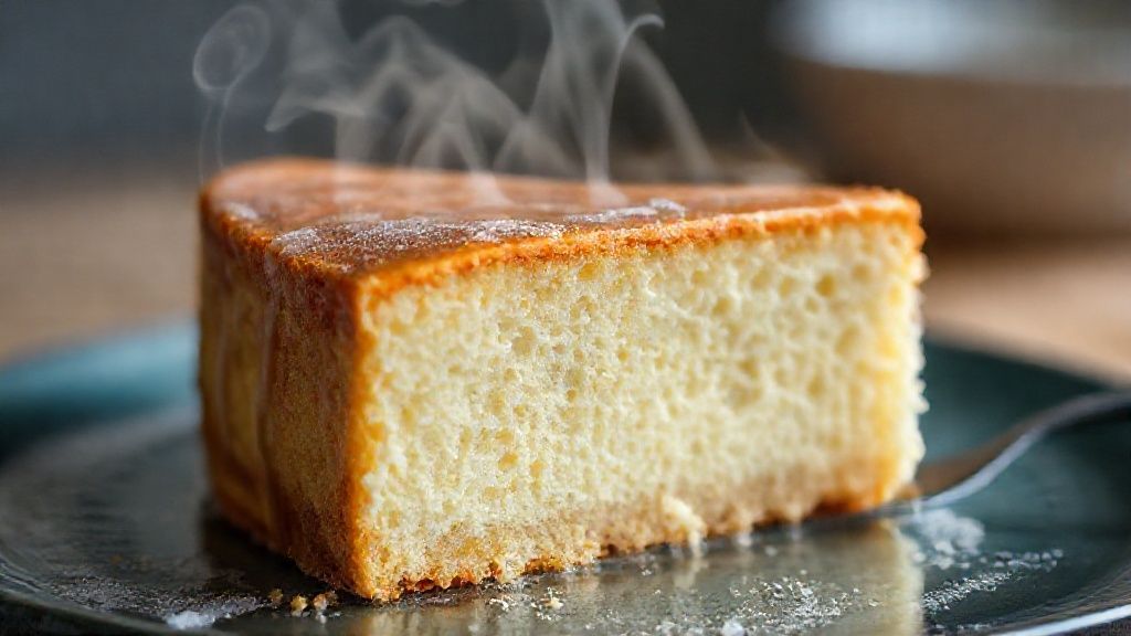 Close-up de uma fatia do bolo mostrando textura fofa e massa úmida, sobreela sob luz suave