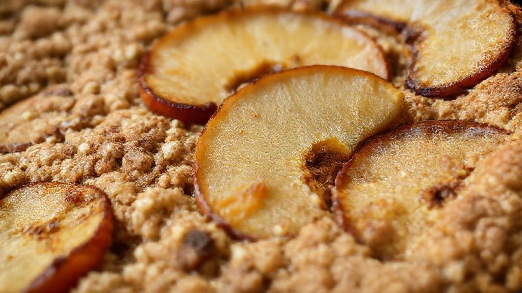 Close-up do bolo partido, mostrando textura fofa e pedaços de maçã caramelizada