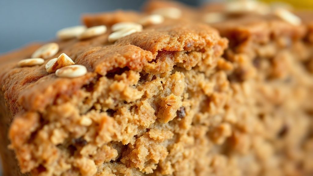 Close-up de uma fatia de bolo de banana mostrando textura úmida e pedaços de aveia.