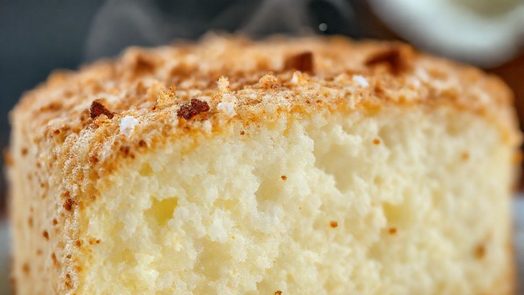 Close-up do bolo cortado, mostrando a textura úmida e granulada, com coco visível