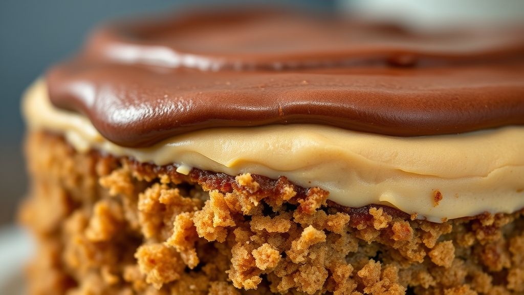 Close-up do bolo cortado, mostrando a textura úmida e a calda de chocolate escorrendo