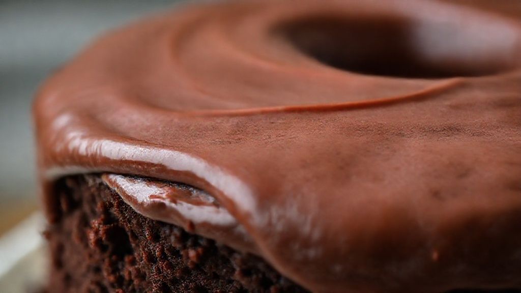 Close-up do bolo de chocolate pronto com calda escorrendo e textura úmida visível