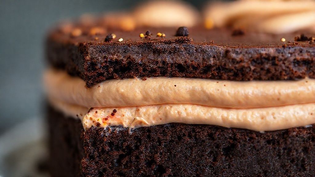 Close-up do bolo fatiado mostrando camadas de chocolate úmido e mousse cremosa amarelinha.