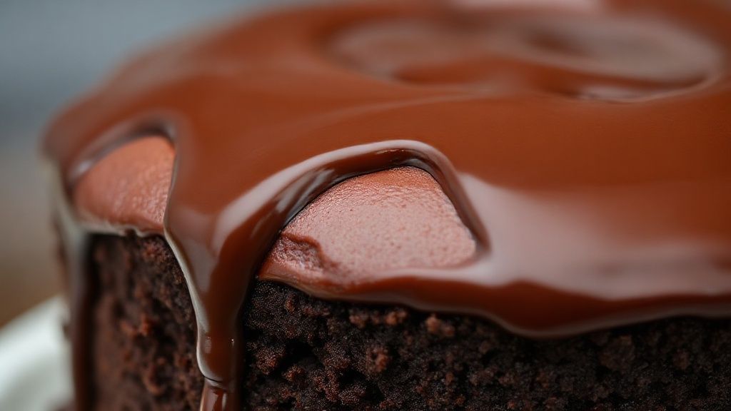 Close-up do bolo de chocolate fofinho com cobertura brilhante escorrendo pelas laterais