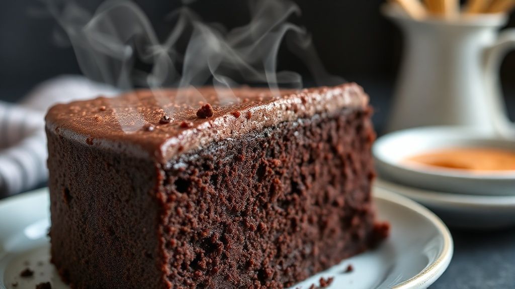 Close-up do bolo de chocolate sem ovo cortado mostrando a textura fofa e cobertura brilhante