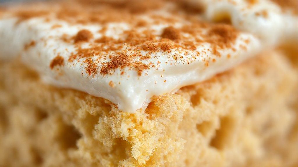 Close-up do bolo cortado mostrando textura leve e cobertura cremosa de doce de leite.