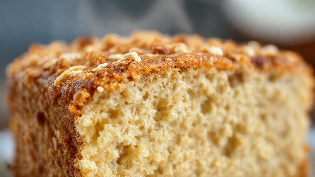 Close-up da fatia do bolo mostrando a textura úmida e o coco ralado na cobertura