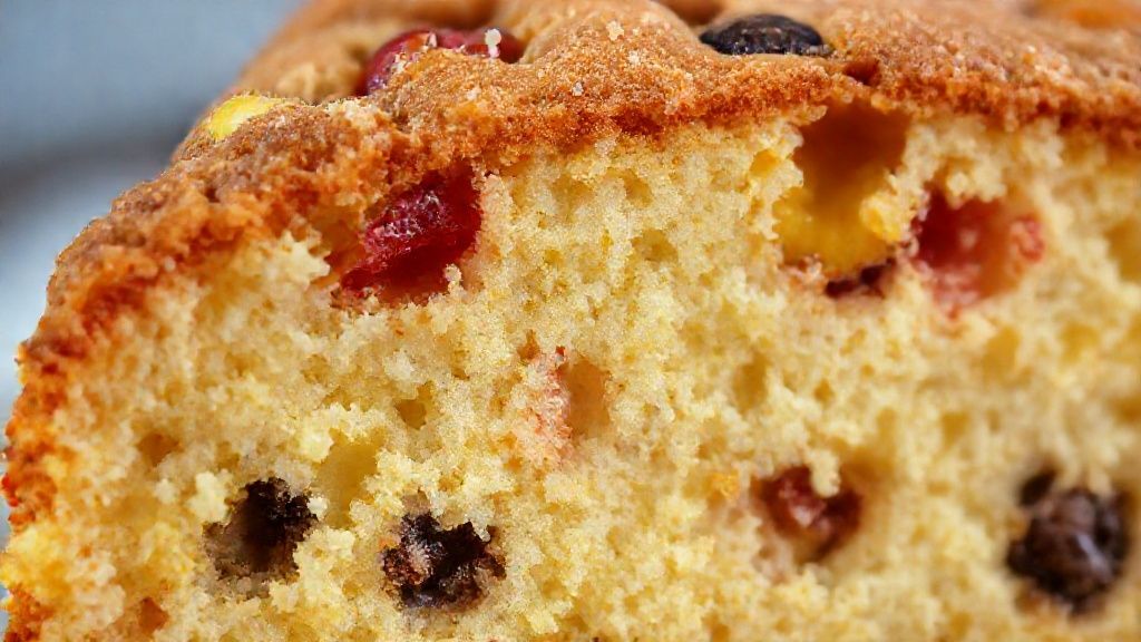 Close-up mostrando a textura fofa e as frutas coloridas no interior do bolo