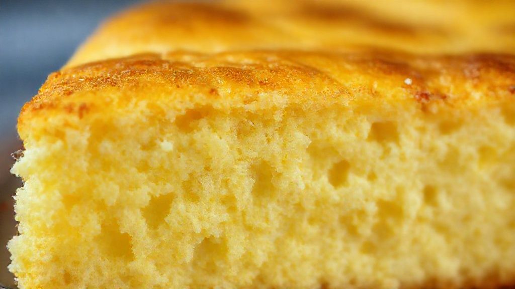 Close-up mostrando textura cremosa e pedaços de queijo no interior do bolo recém-assado