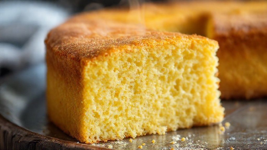 Close-up do bolo pronto, destacando a textura fofa e o dourado da superfície crocante