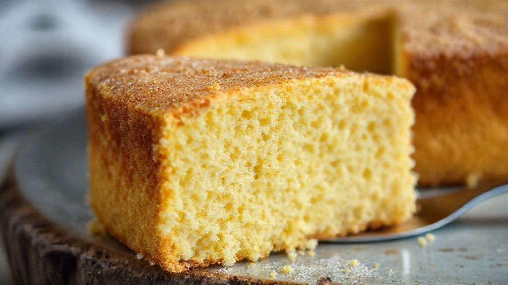 Close-up do bolo cortado mostrando miolo leve e textura aerada