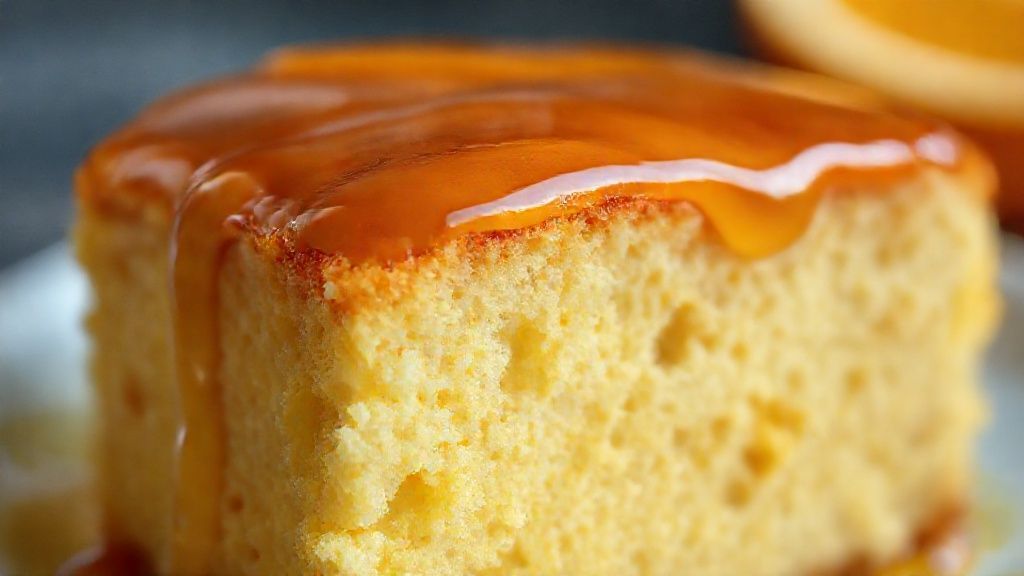 Close-up mostrando a textura fofa e a calda brilhante cobrindo o bolo