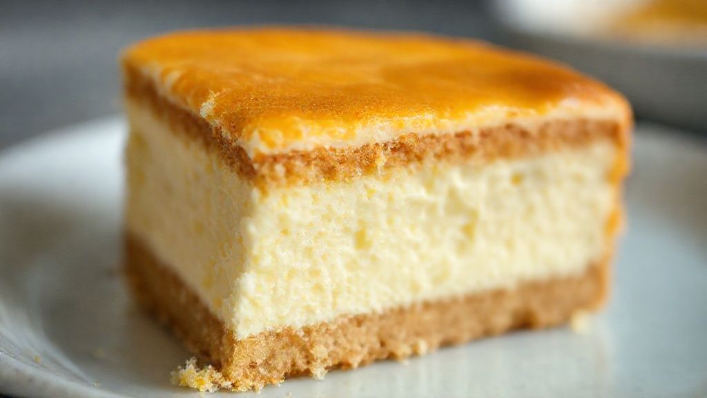 Close-up do bolo pronto mostrando o interior cremoso e a superfície dourada