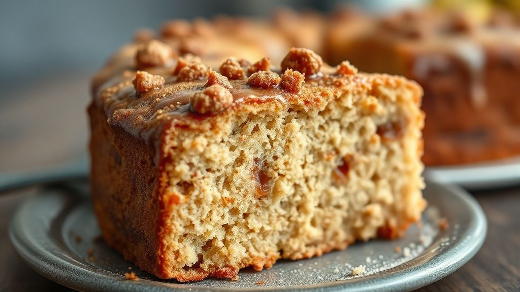 Close-up do bolo de maçã com canela mostrando a textura úmida e crosta dourada com açúcar e fatias de maçã