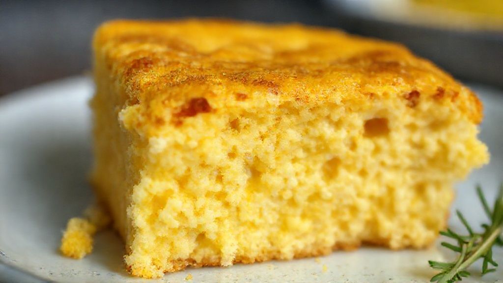 Close-up do bolo pronto, destacando a textura cremosa e a casquinha dourada