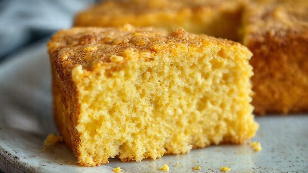 Close-up do bolo de milho cortado, mostrando a textura úmida e o interior dourado.
