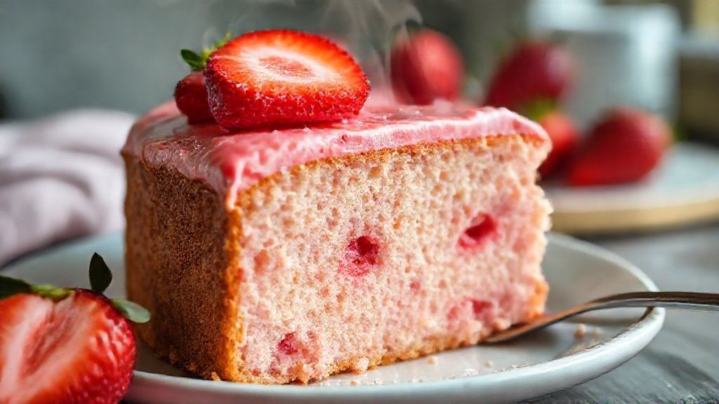 Close-up da fatia de bolo de morango saudável, mostrando textura úmida e pedaços de fruta fresca.
