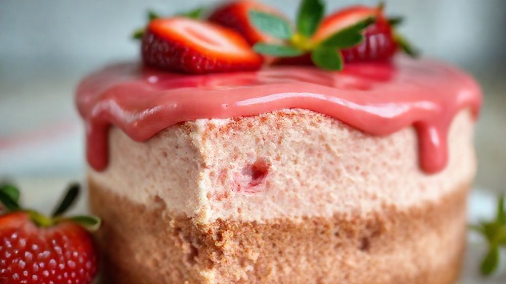 Close-up da textura fofa do bolo decorado com calda e fatias de morango