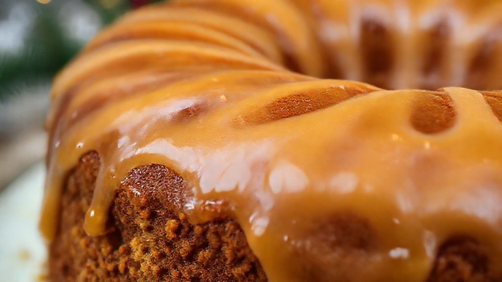 Close-up do bolo cortado, mostrando a textura úmida e o brilho da cobertura de mel.