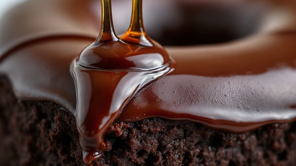 Close-up mostrando a textura úmida e calda brilhante escorrendo sobre o bolo