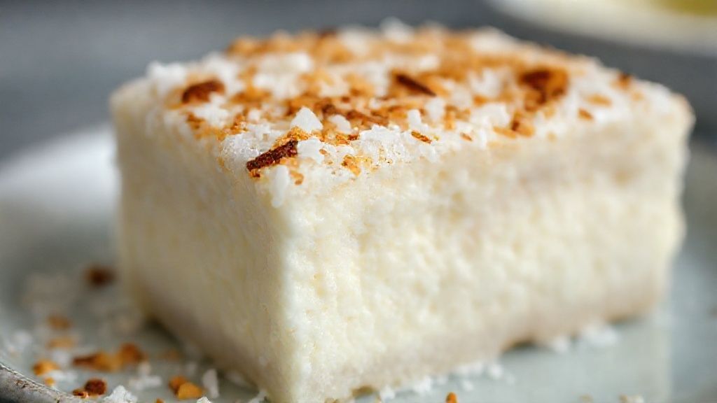 Close-up da fatia de bolo de tapioca gelado mostrando textura cremosa e cobertura de coco.