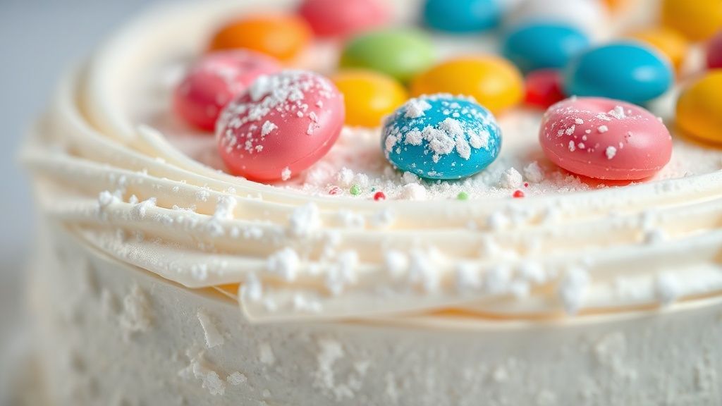 Close-up do bolo finalizado, destacando textura cremosa e balas coloridas