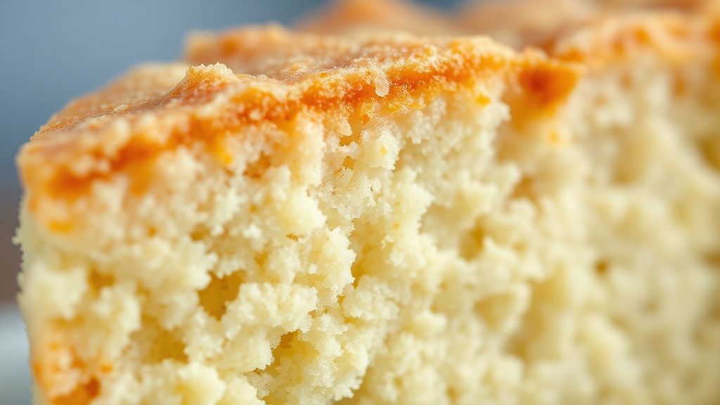 Close-up da textura aerada do bolo cortado, mostrando o interior leve e macio