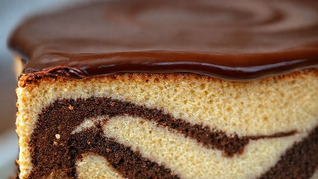 Close-up mostrando textura marmorizada e ganache brilhante escorrendo sobre o bolo