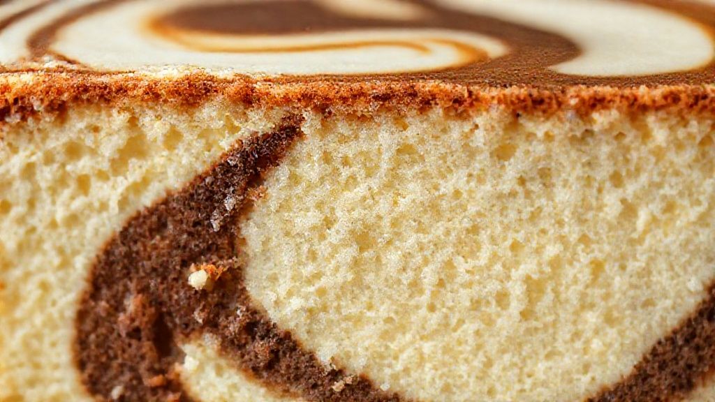 Close-up da textura macia e do efeito marmorizado do bolo cortado, com aspecto úmido e dourado.