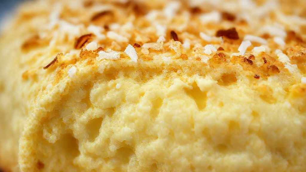 Close-up da textura cremosa do bolo com cobertura de coco ralado e brilho dourado