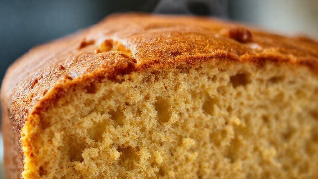 Close-up da fatia de bolo macia e dourada, destacando textura e miolo bem assado