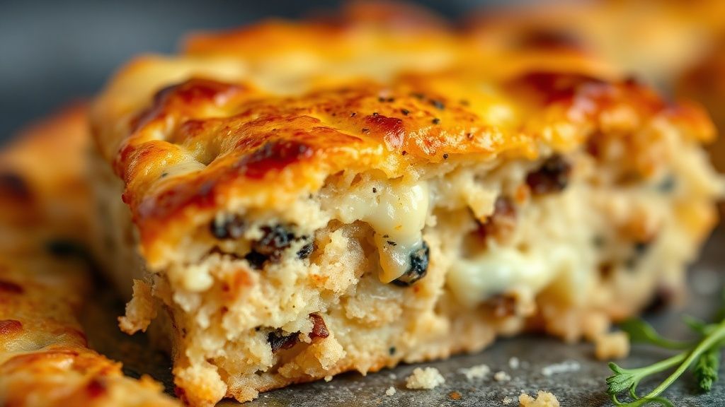 Close-up da fatia do bolo salgado destacando o recheio cremoso e textura macia