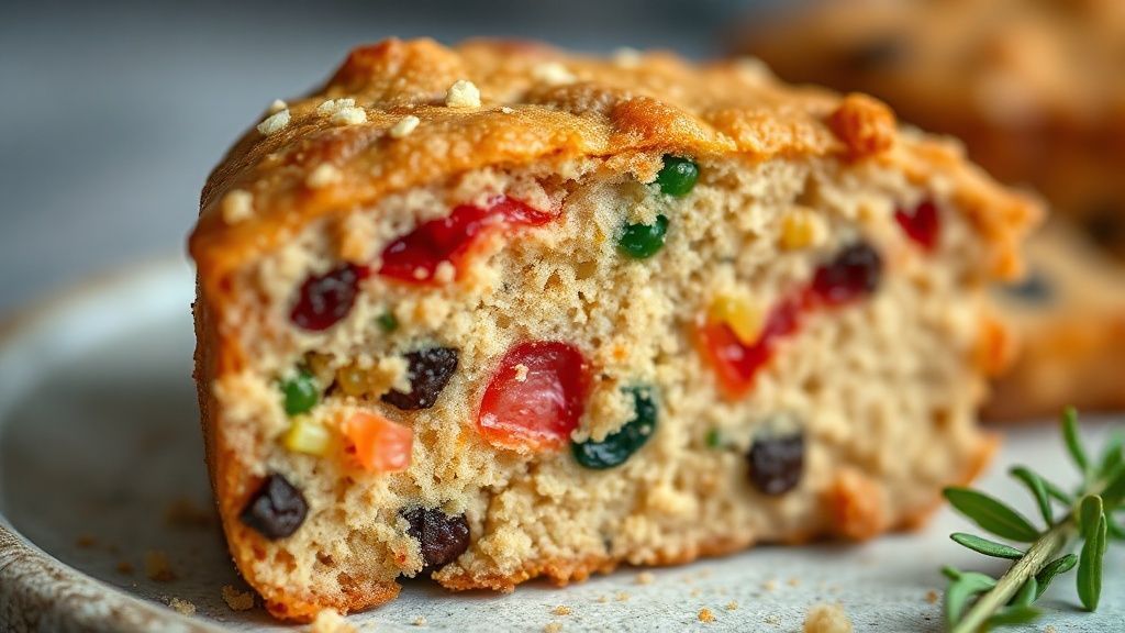 Close-up mostrando a textura leve e úmida do bolo salgado, com recheio de legumes e presunto visível nas camadas