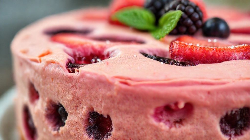 Close-up do bolo pronto cortado, mostrando a textura fofa e pedaços de frutas