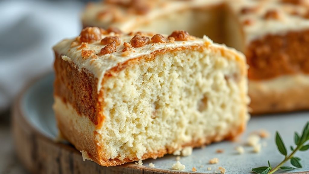 Close-up destacando a textura fofa e dourada do bolo cortado, com fatia servida em prato branco