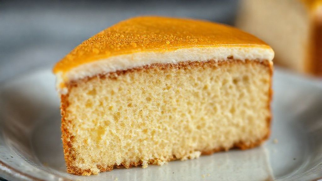 Close-up mostrando a textura cremosa e dourada do bolo segura marido finalizado e fatiado