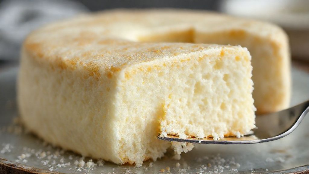 Close-up da textura fofa do bolo cortado, mostrando o interior macio e dourado